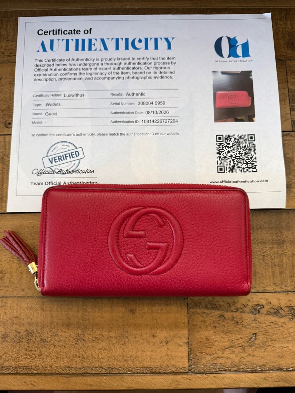 Gucci Soho Wallet Women's Red Leather Zip Around Tassel GG Logo W/COA